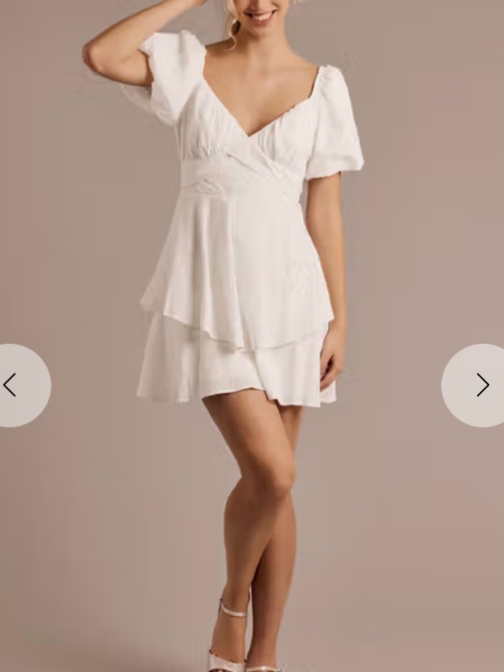 David's Bridal White Tiered V-Neck Mini with Puff Sleeves - Picture 1 of 2